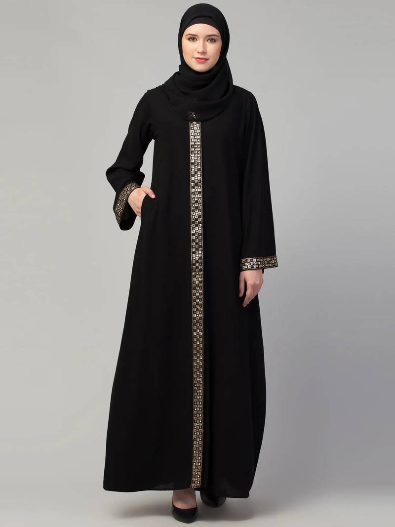 Front open abaya dress with lace work at front and on sleeves