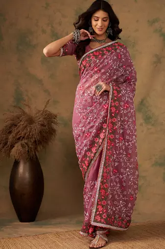 Peach Color Soft Organza Embroderied Work Saree 