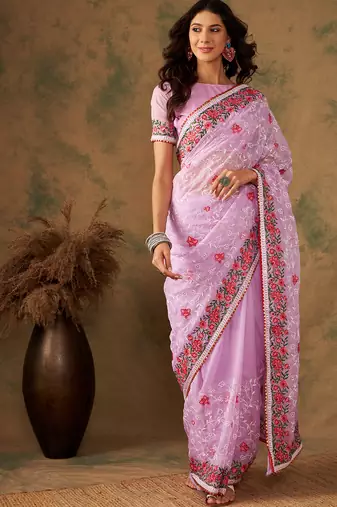 Lavender Color Soft Organza Embroderied Work Saree 