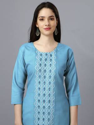 Cotton sky blue embroidered long kurtis 4