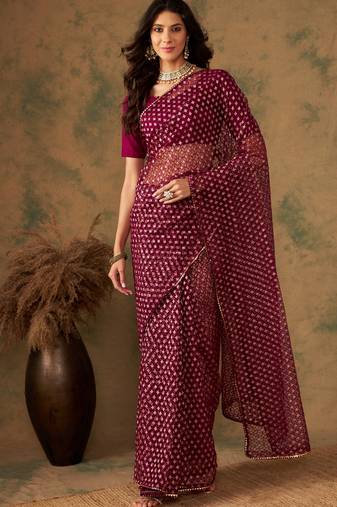 Wine Color Heavy Net Zari Weaving Work Saree 