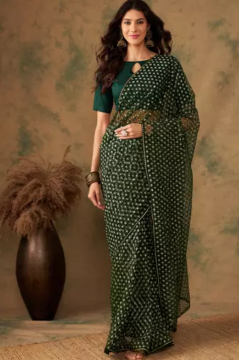 Olive Color Heavy Net Zari Weaving Work Saree 