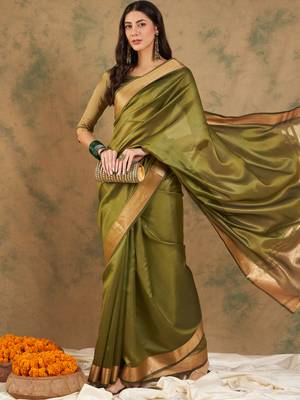 Green Color Cotton Organza Zari Weaving Work Saree 2