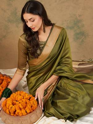 Green Color Cotton Organza Zari Weaving Work Saree 3