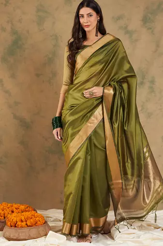 Green Color Cotton Organza Zari Weaving Work Saree