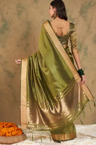 Green Color Cotton Organza Zari Weaving Work Saree