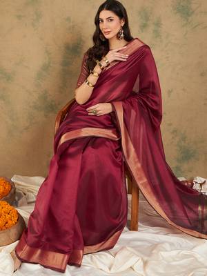 Maroon Color Cotton Organza Zari Weaving Work Saree 4