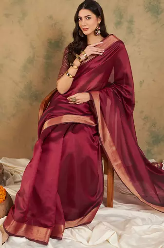 Maroon Color Cotton Organza Zari Weaving Work Saree