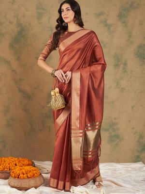 Rust Color Cotton Organza Zari Weaving Work Saree 1