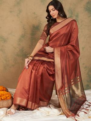 Rust Color Cotton Organza Zari Weaving Work Saree 2