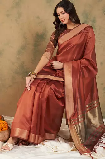 Rust Color Cotton Organza Zari Weaving Work Saree