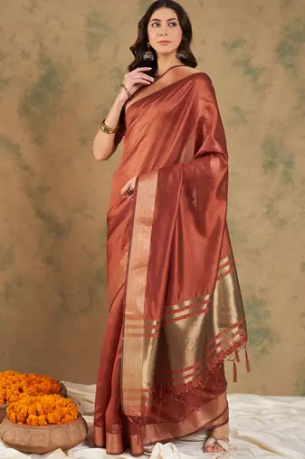 Rust Color Cotton Organza Zari Weaving Work Saree
