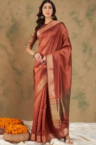 Rust Color Cotton Organza Zari Weaving Work Saree