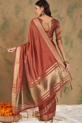 Rust Color Cotton Organza Zari Weaving Work Saree