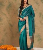 Teal Color Cotton Organza Zari Weaving Work Saree 