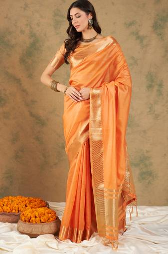 Orange Color Cotton Organza Zari Weaving Work Saree 