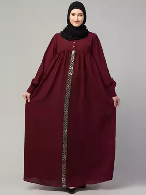 Loose fit umbrella abaya burqa dress with pleated front design, lace work 1