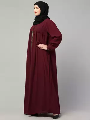 Loose fit umbrella abaya burqa dress with pleated front design, lace work 3