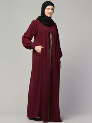 Loose fit umbrella abaya burqa dress with pleated front design, lace work 4