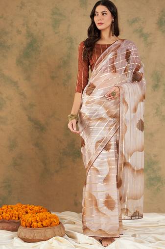 Manvaa women's coffee color soft organza zari weaving work saree 