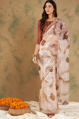 Manvaa women's coffee color soft organza zari weaving work saree 