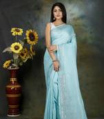 Unitex Pure linen sky blue hand embroidery Silk Digital Print  Sarre