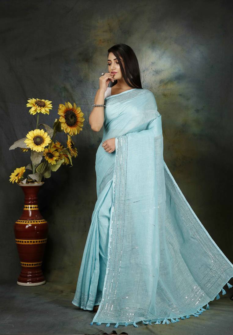 Unitex Pure linen sky blue hand embroidery Silk Digital Print  Sarre