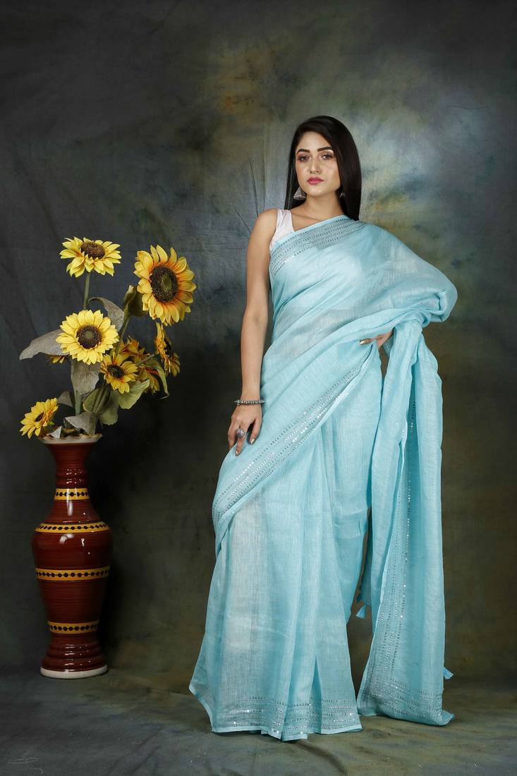 Unitex Pure linen sky blue hand embroidery Silk Digital Print  Sarre