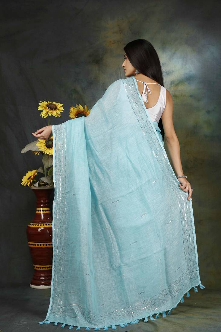 Unitex Pure linen sky blue hand embroidery Silk Digital Print  Sarre