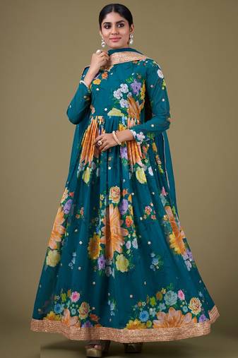 Teal color zari embroidered georgette semi-stitched anarkali