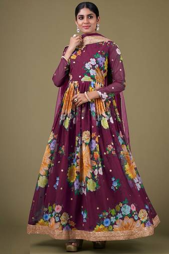 Wine color zari embroidered georgette semi-stitched anarkali