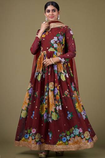 Maroon color zari embroidered georgette semi-stiched anarkali