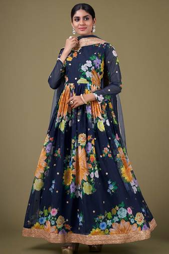 Navy blue color zari embroidered georgette semi-stiched anarkali