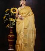 Unitex Bishnupuri tassar golden yellow zari stripes Silk Digital Print silk mark certified Sarre