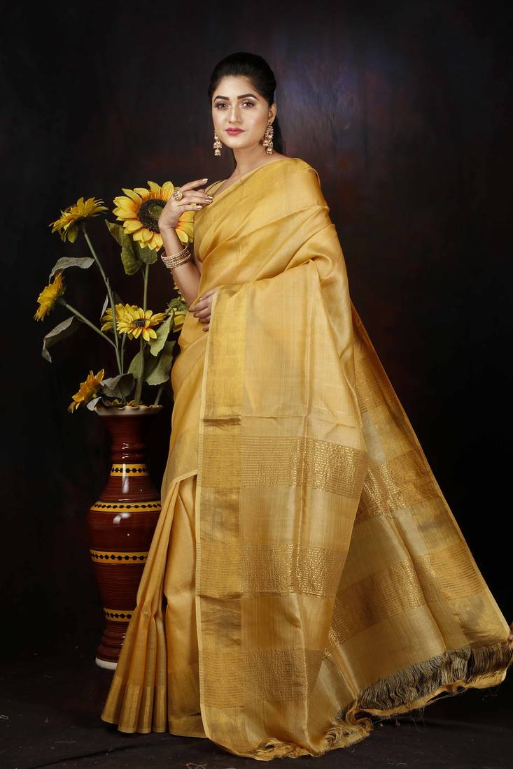 Unitex Bishnupuri tassar golden yellow zari stripes Silk Digital Print silk mark certified Sarre