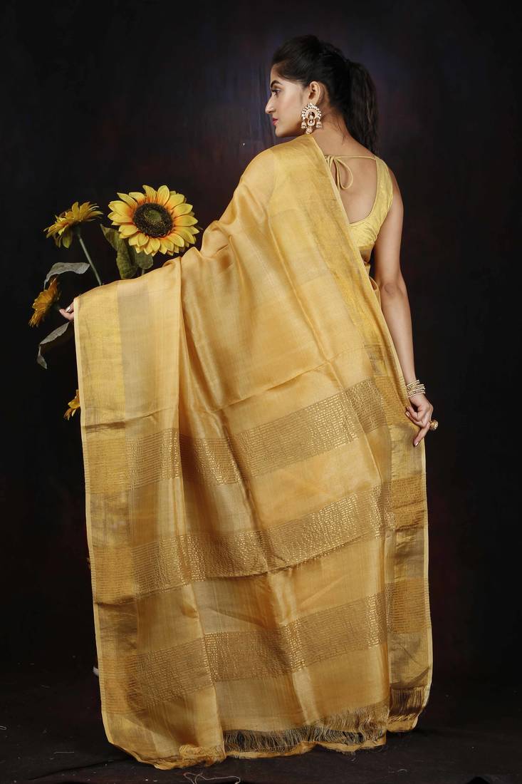 Unitex Bishnupuri tassar golden yellow zari stripes Silk Digital Print silk mark certified Sarre