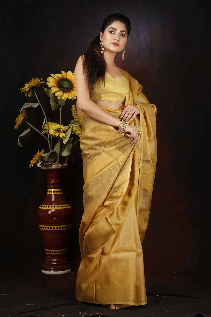 Unitex Bishnupuri tassar golden yellow zari stripes Silk Digital Print silk mark certified Sarre