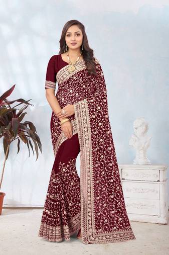 Maroon coding zari embroidery georgette saree