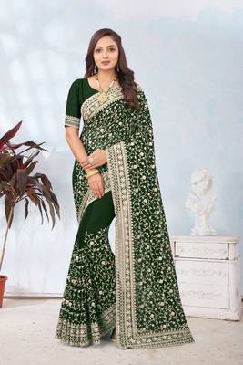 Bottle green coding zari embroidery georgette saree 1