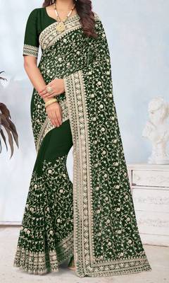 Bottle green coding zari embroidery georgette saree 2