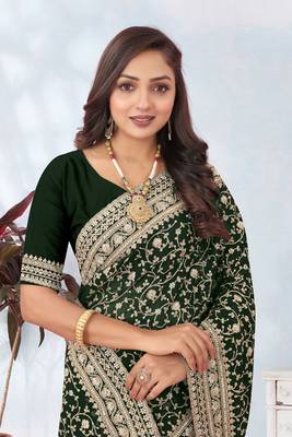 Bottle green coding zari embroidery georgette saree 3