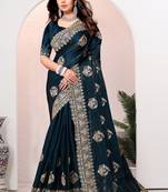 Teal blue coding zarkan embroidery crepe silk saree