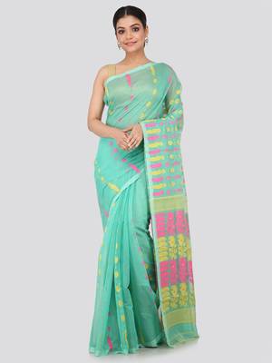 Green Hand Woven Pure Cotton Saree Without Blouse 1