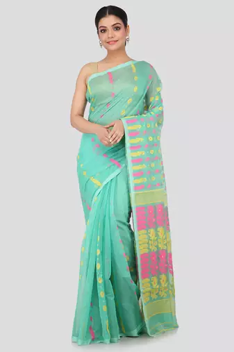 Green Hand Woven Pure Cotton Saree Without Blouse
