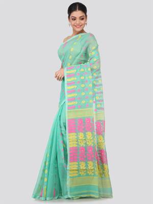 Green Hand Woven Pure Cotton Saree Without Blouse 2