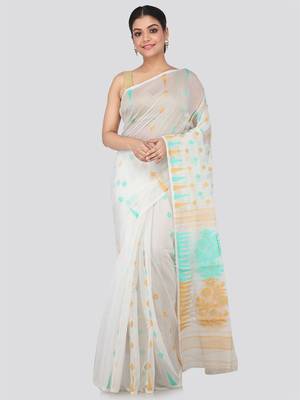 White Hand Woven Pure Cotton Saree Without Blouse 1