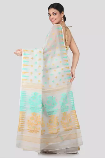 White Hand Woven Pure Cotton Saree Without Blouse
