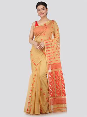 Beige Hand Woven Pure Cotton Saree Without Blouse 1