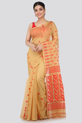 Beige Hand Woven Pure Cotton Saree Without Blouse