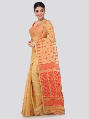 Beige Hand Woven Pure Cotton Saree Without Blouse 2
